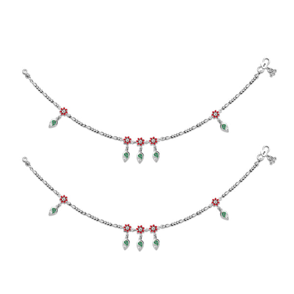 925 Sterling Silver Modern Flower Style Enamel Anklets for Women and Girls (PAIR ANKLET)