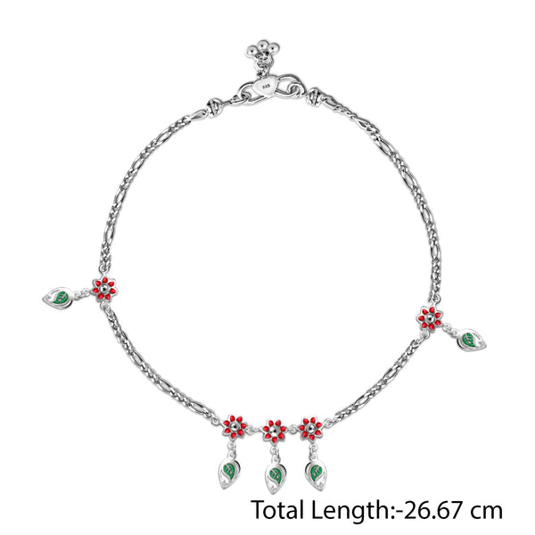 925 Sterling Silver Modern Flower Style Enamel Anklets for Women and Girls (PAIR ANKLET)