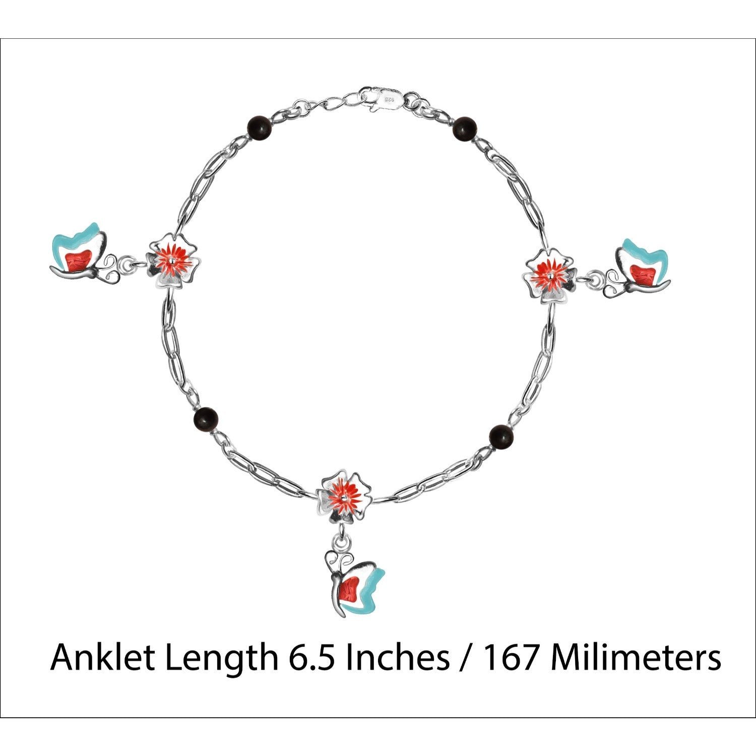 925 Sterling Silver Enameled Flower and Butterfly Shape Modern Anklets for Kids 4 to 8 Year Girls