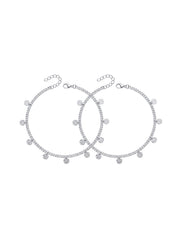 Silver CZ Disc Charm Chain Anklet