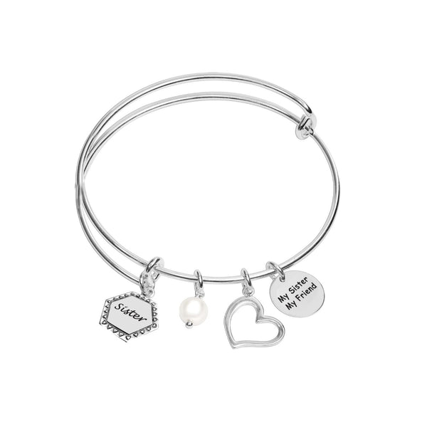 LeCalla Buy 925 sterling silver my sister my friend with heart pearl expandable wiire multi charm bangle bracelet for women online TrueSilver