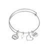 925 Sterling Silver Heart Pearl Expandable Wire Multi-Charm Bangle Bracelet for Women