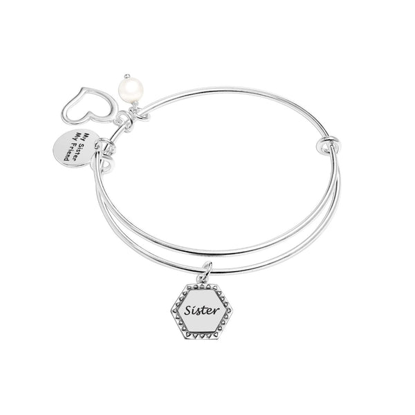 925 Sterling Silver Heart Pearl Expandable Wire Multi-Charm Bangle Bracelet for Women