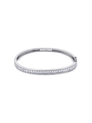 A slim silver-toned hinged bangle bracelet with a continuous row of small clear stones along the front, shown on a plain white background.