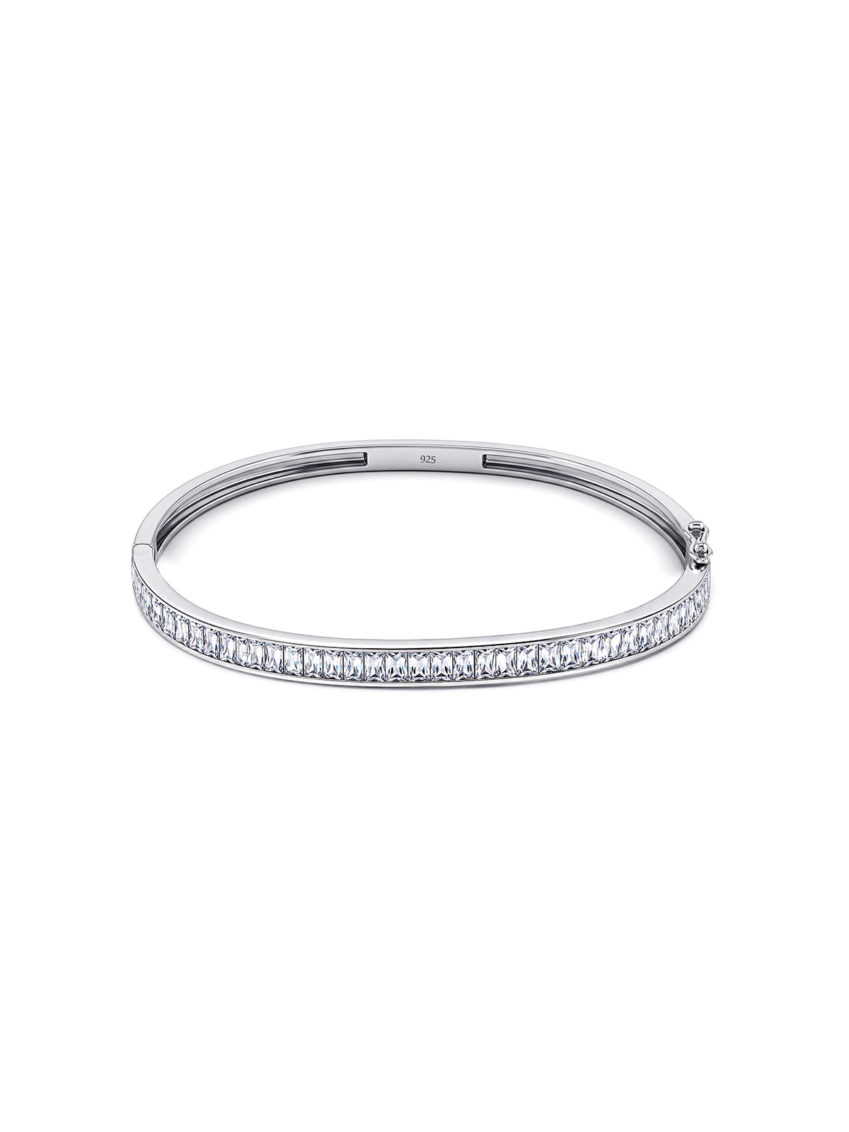 A slim silver-toned hinged bangle bracelet with a continuous row of small clear stones along the front, shown on a plain white background.