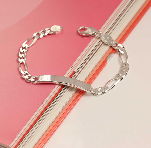 925 Sterling Silver Designer Figaro Chain ID Bracelet for Men