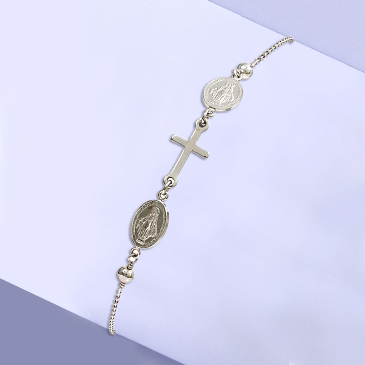 925 Sterling Silver Adjustable Sliding Mother Mary Cross Religious Bracelet for Women