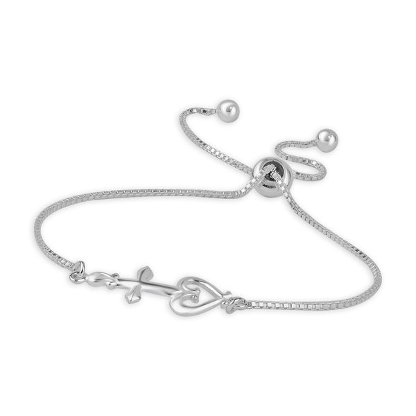 925 Sterling Silver Heart with Cross Adjustable Bolo Bracelet for Women Teen