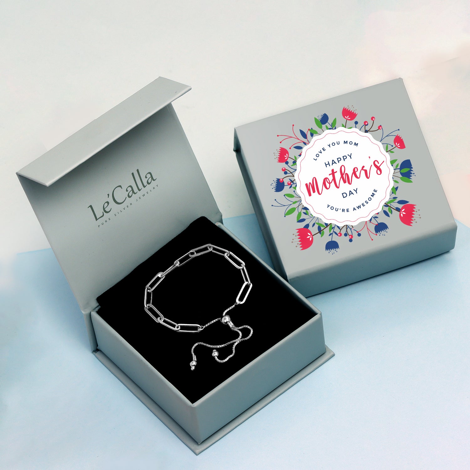 925 Sterling Silver Italian Paperclip Link Chain Sliding Bolo Bracelet With Premium Mother's Day Gift Box for Women