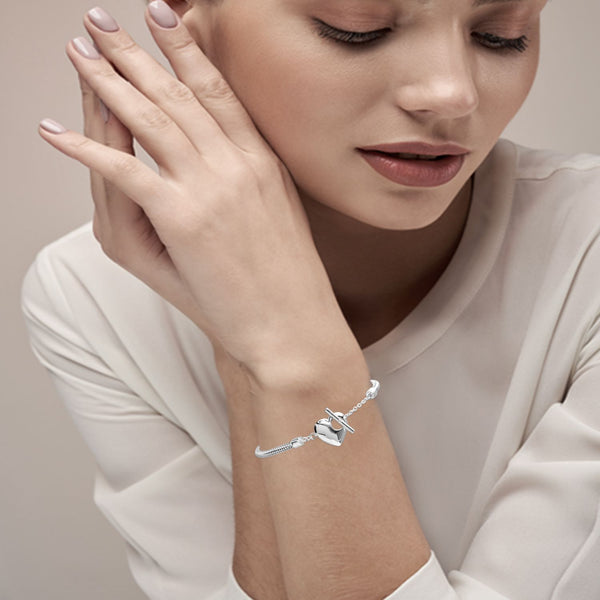 925 Strerling Silver Elegent Love Heart Charm Adjustable Italian Snake Chain Wristband Bracelet for Women Teen