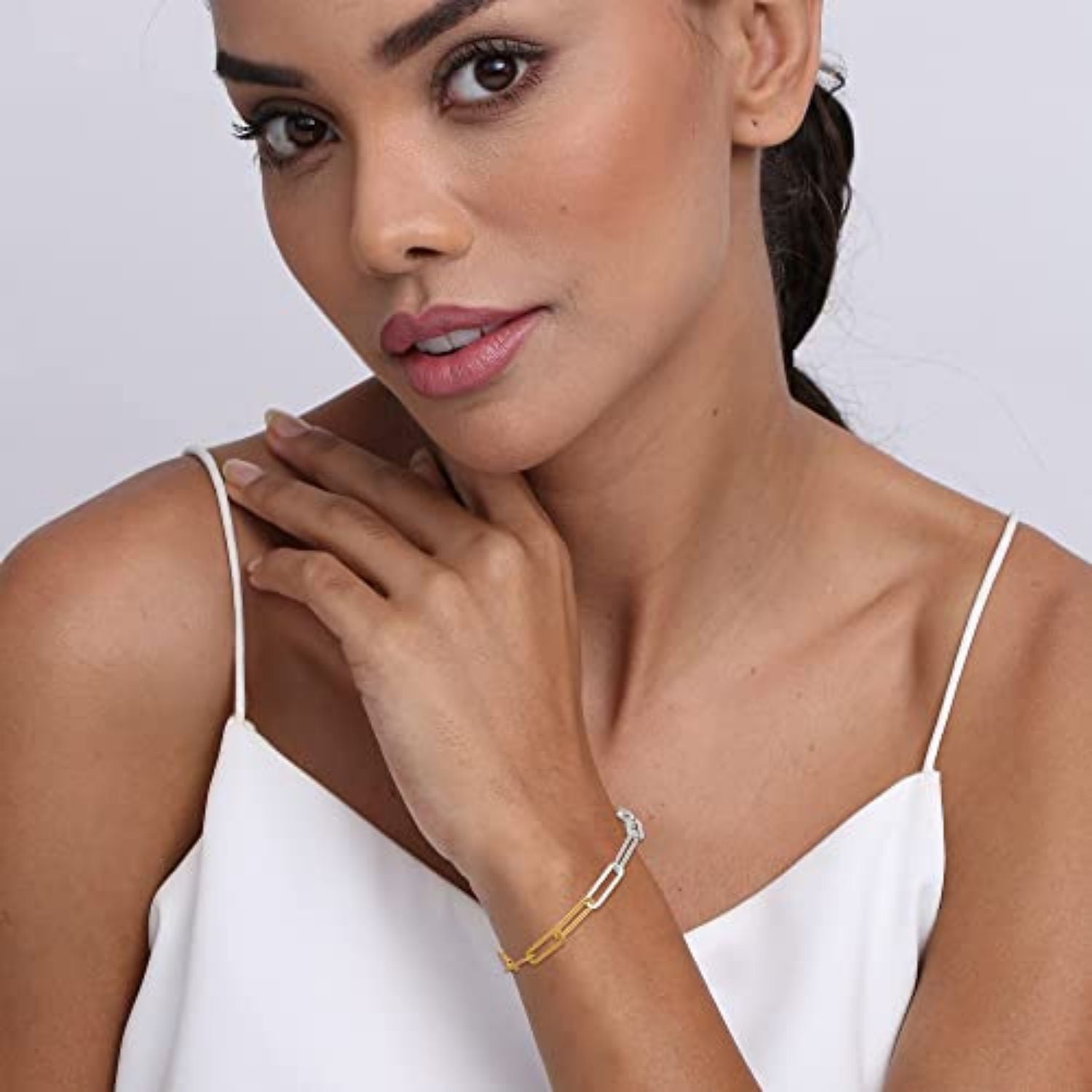 925 Sterling Silver Fused Two Tone Paperclip Modular Chain Bracelet for Women Teen
