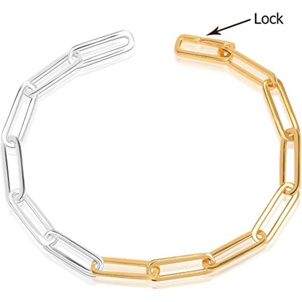 925 Sterling Silver Fused Two Tone Paperclip Modular Chain Bracelet for Women Teen