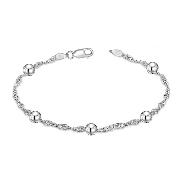 925 Sterling Silver Classic Beaded Station Bracelet Singapore Chain Bracelet with 4 MM Ball Beads for Women