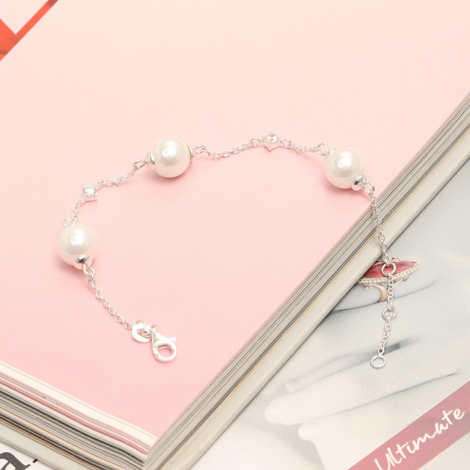 925 Sterling Silver Pearl CZ Bracelet for Women and Girls