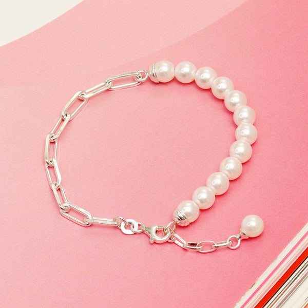 925 Sterling Silver Paperclip Link Pearl Bracelet for Women and Girls