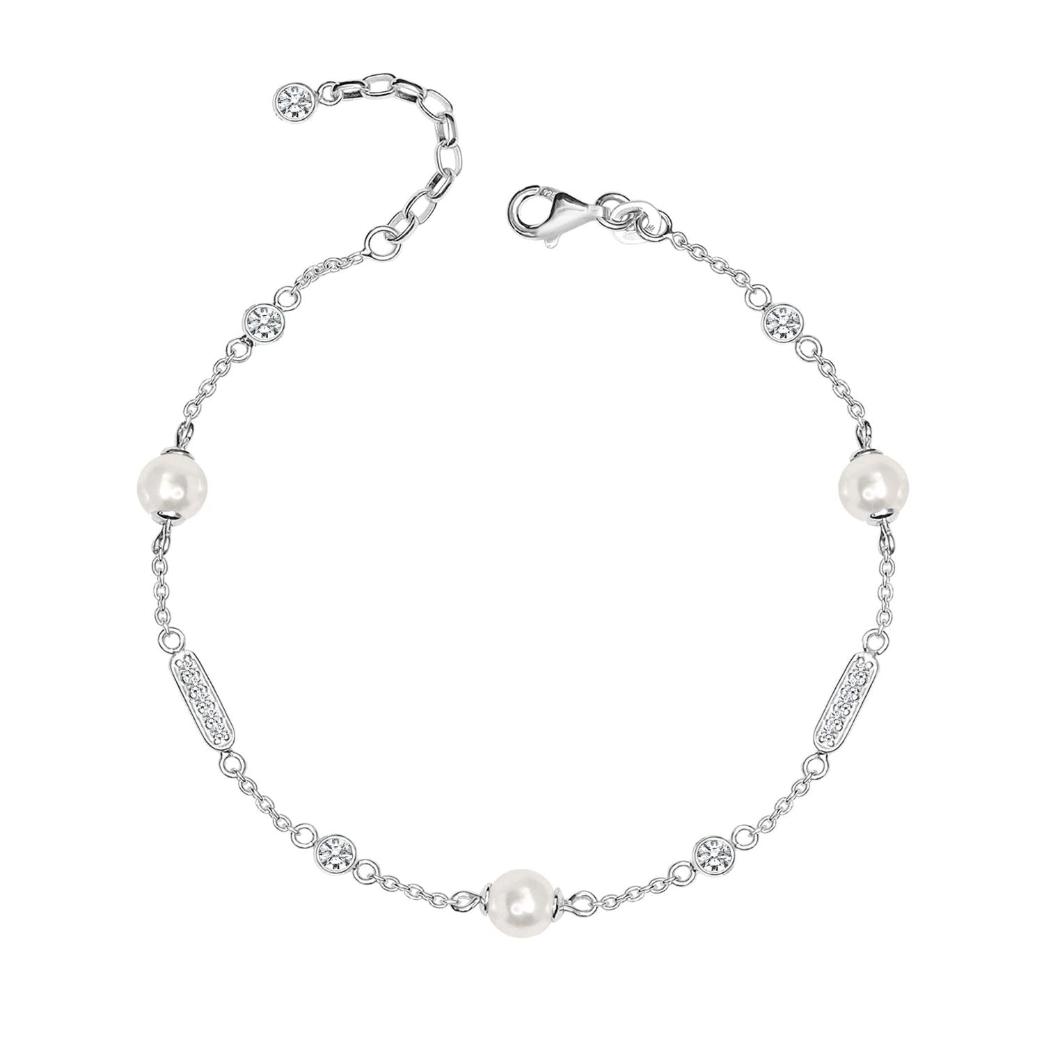 925 Sterling Silver CZ Pearl Station Bracelet for Women and Girls