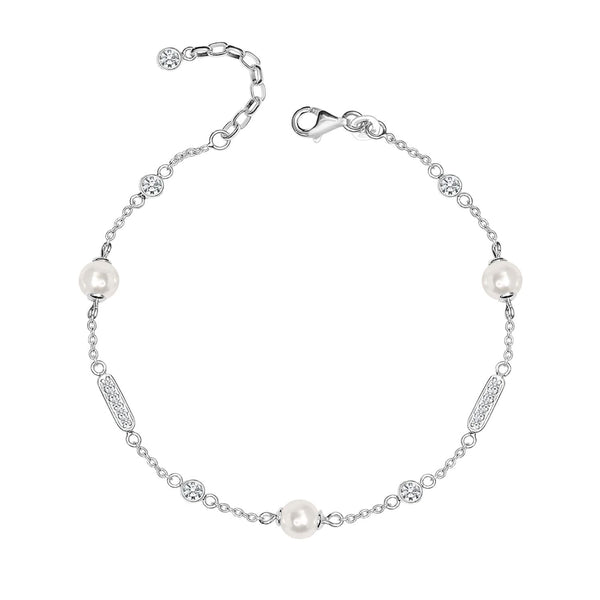 925 Sterling Silver CZ Pearl Station Bracelet for Women and Girls