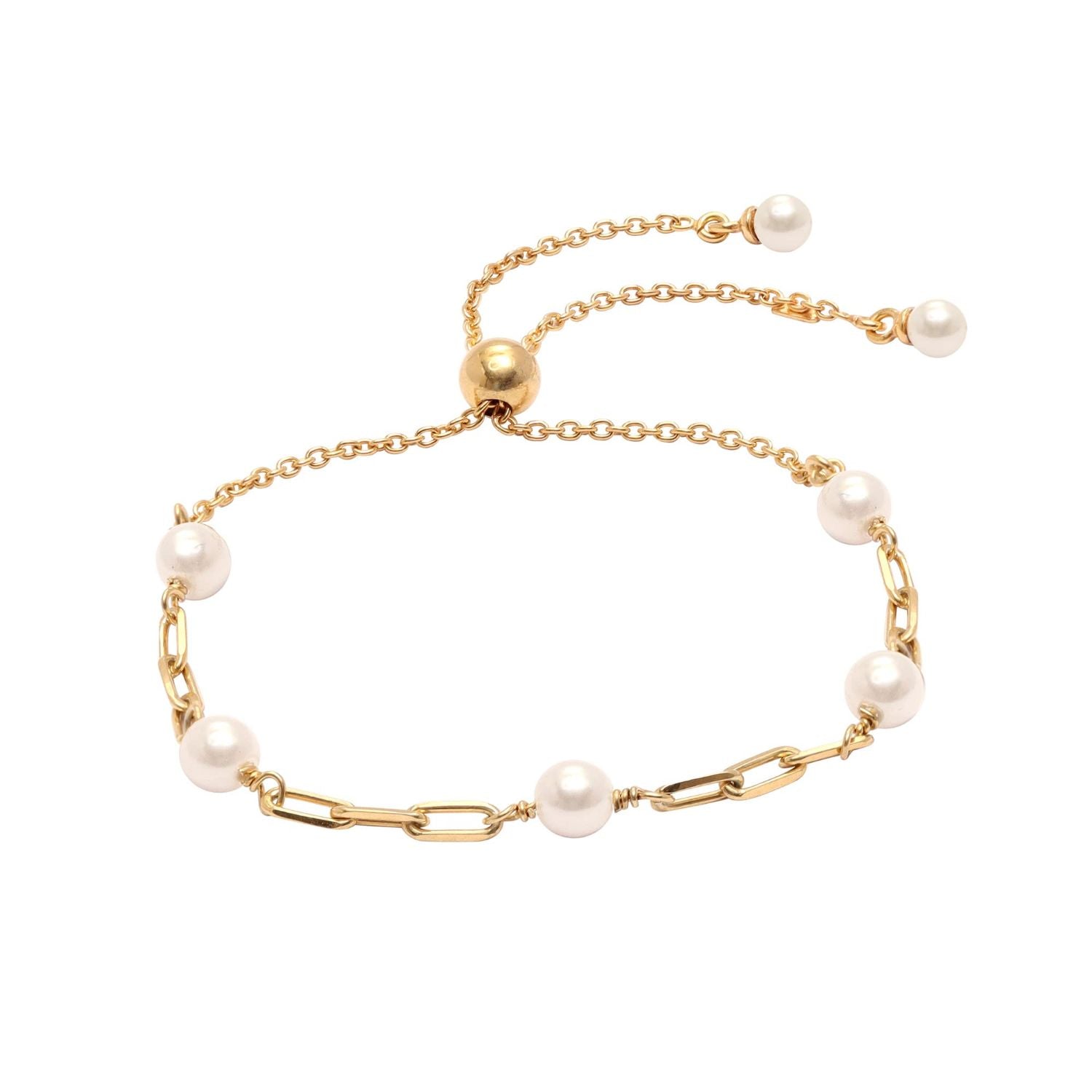 925 Sterling Silver 14K Gold-Plated Paper Clip Link Pearl Silding Bolo Bracelet for Women