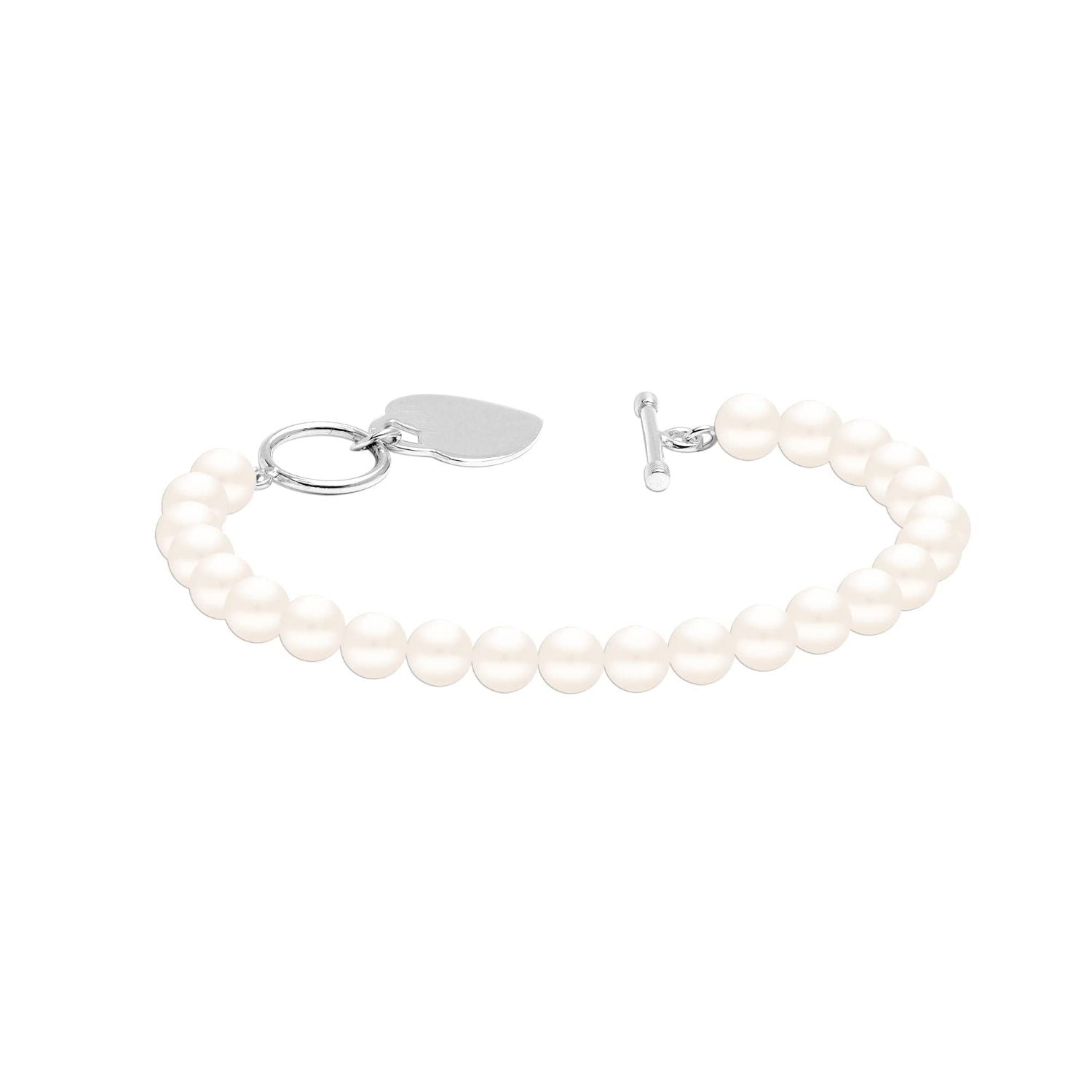 925 Sterling Silver Heart Charm Disc Pearl Bracelet for Women and Girls