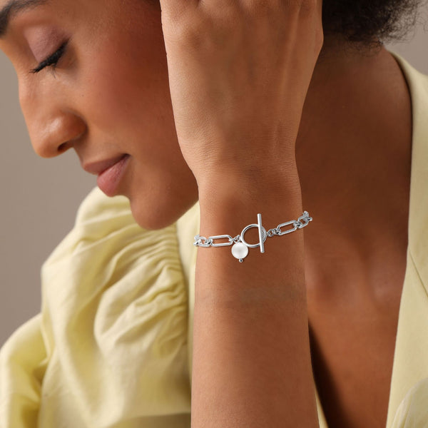 925 Sterling Silver Handmade T-Bar Pearl Charm  Paperclip Open Links Bracelet for Women Teen