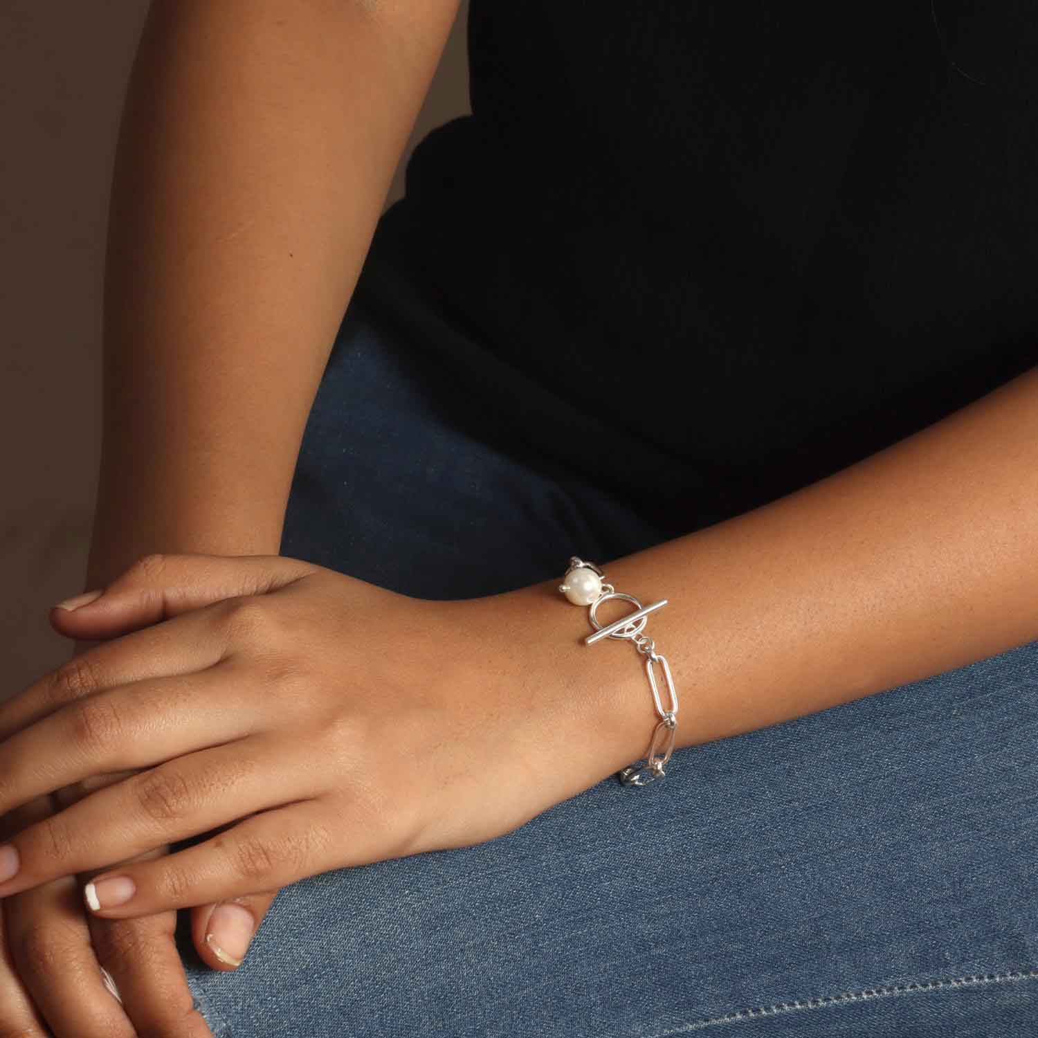 925 Sterling Silver Handmade T-Bar Pearl Charm  Paperclip Open Links Bracelet for Women Teen