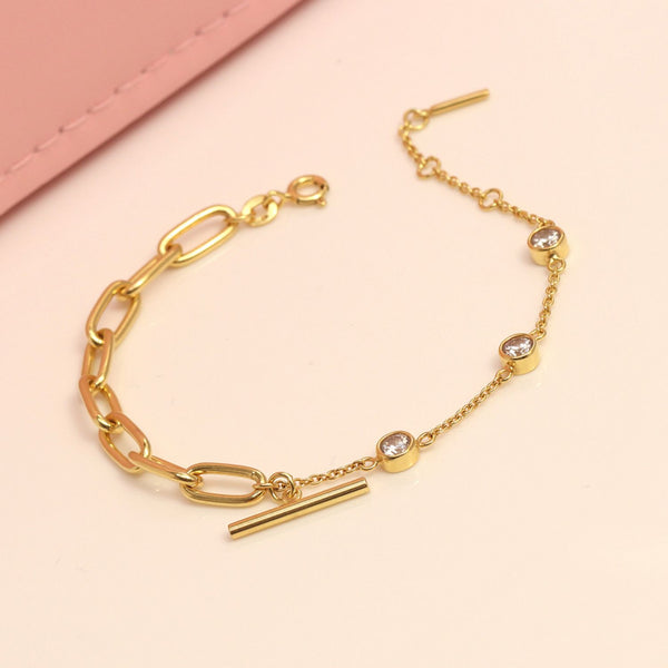 925 Sterling Silver 14K Gold Plated CZ Elegant PaperClip Link Chain Bracelet for Women Teen