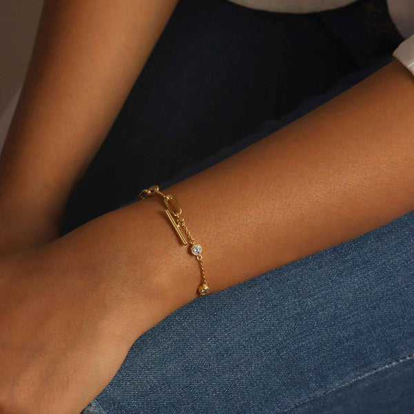 925 Sterling Silver 14K Gold Plated CZ Elegant PaperClip Link Chain Bracelet for Women Teen