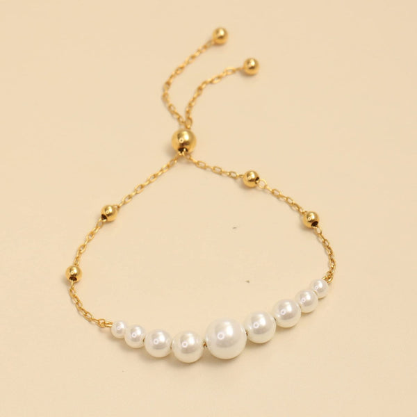 925 Sterling Silver 14K Gold-Plated Simulated Pearl Adjustable Bolo Bracelet for Women Teen