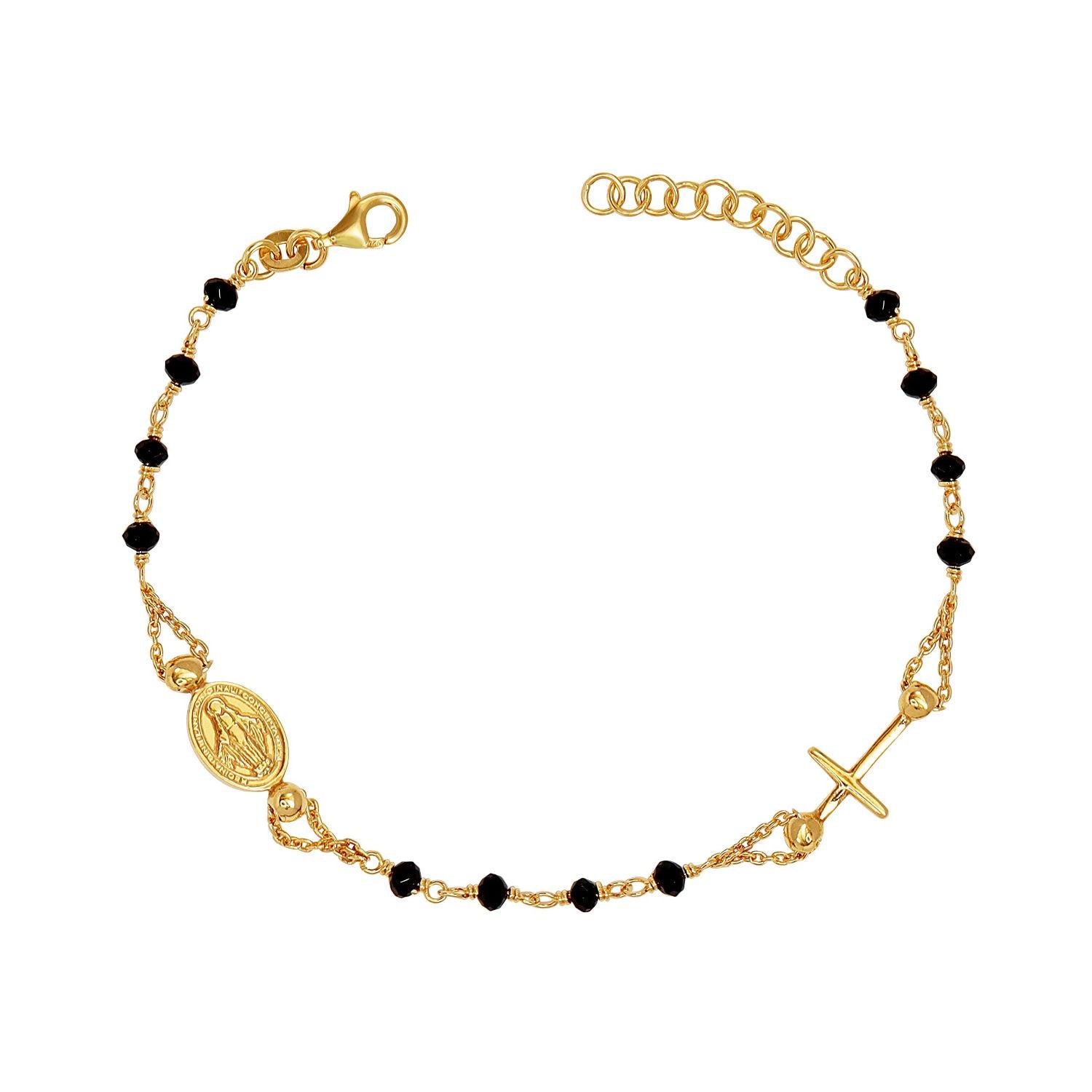 925 Sterling Silver 14K Gold-Plated Rosary Cross Charm Black Spinel Beaded Bracelet for Women Teen