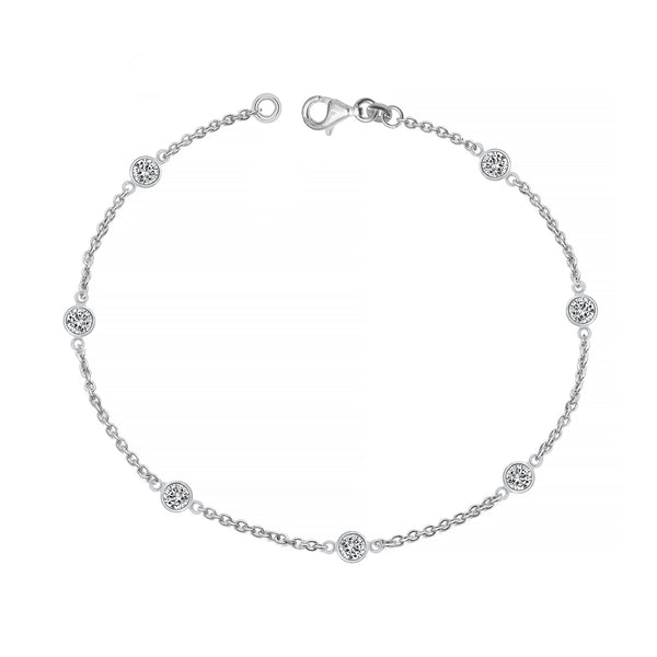 925 Sterling Silver Cubic Zirconia Classic Minimalist Cable Chain Bezel-Set Station Bracelet for Women