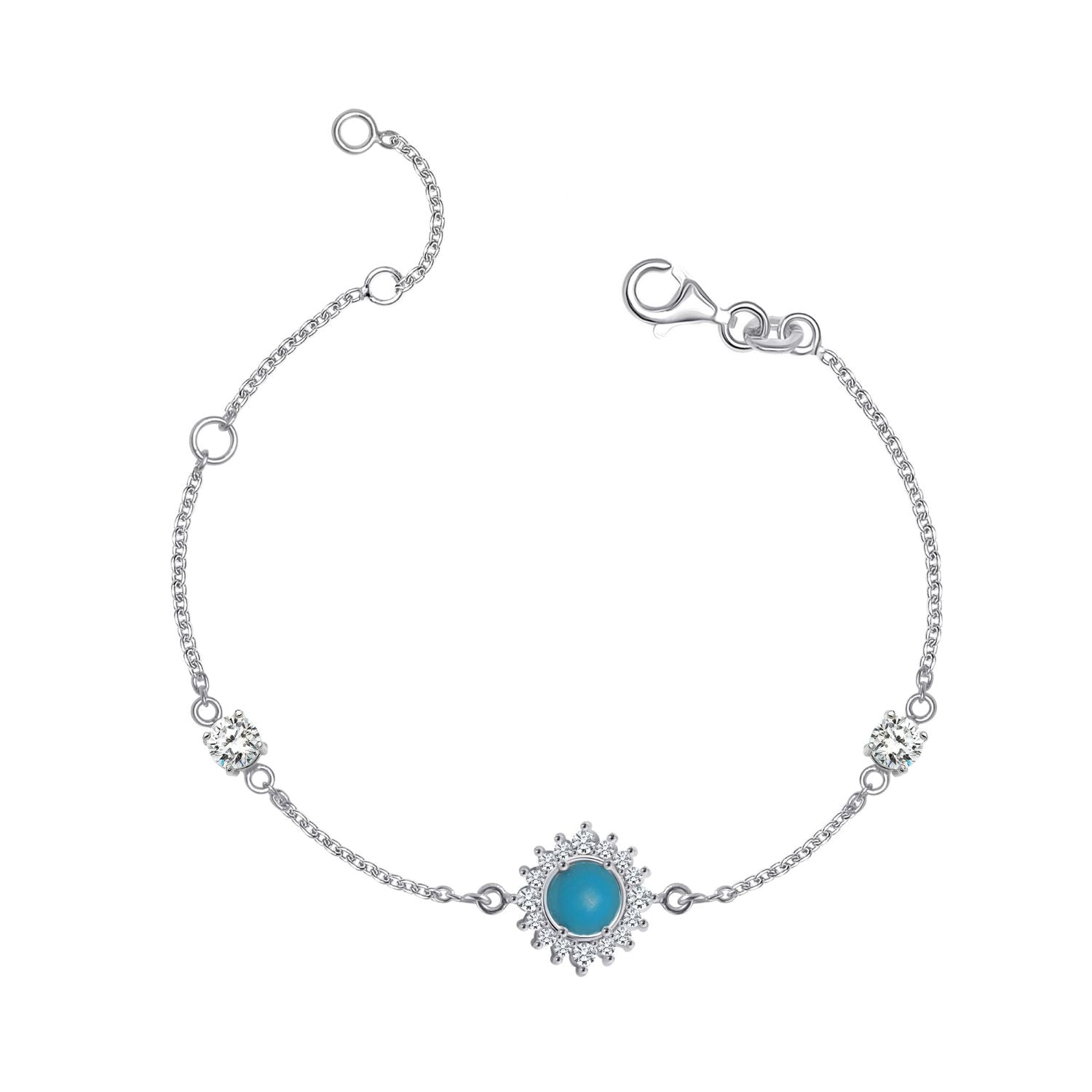 925 Sterling Silver Cubic Zirconia Birthstone Adjustable Turquoise Gemstone Station Cable Chain Bracelet for Women