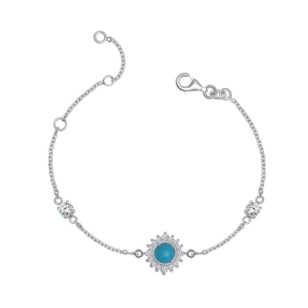 925 Sterling Silver Cubic Zirconia Birthstone Adjustable Turquoise Gemstone Station Cable Chain Bracelet for Women