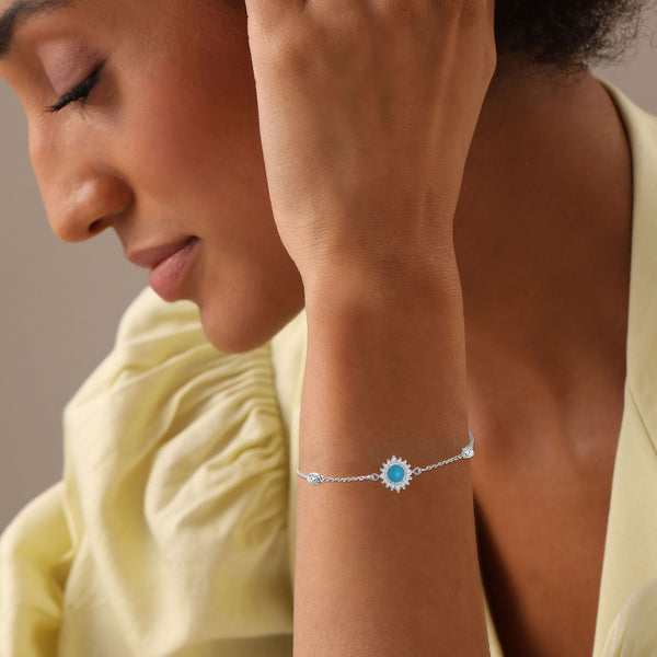 925 Sterling Silver Cubic Zirconia Birthstone Adjustable Turquoise Gemstone Station Cable Chain Bracelet for Women