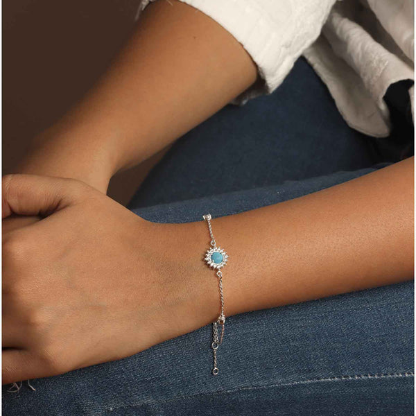 925 Sterling Silver Cubic Zirconia Birthstone Adjustable Turquoise Gemstone Station Cable Chain Bracelet for Women