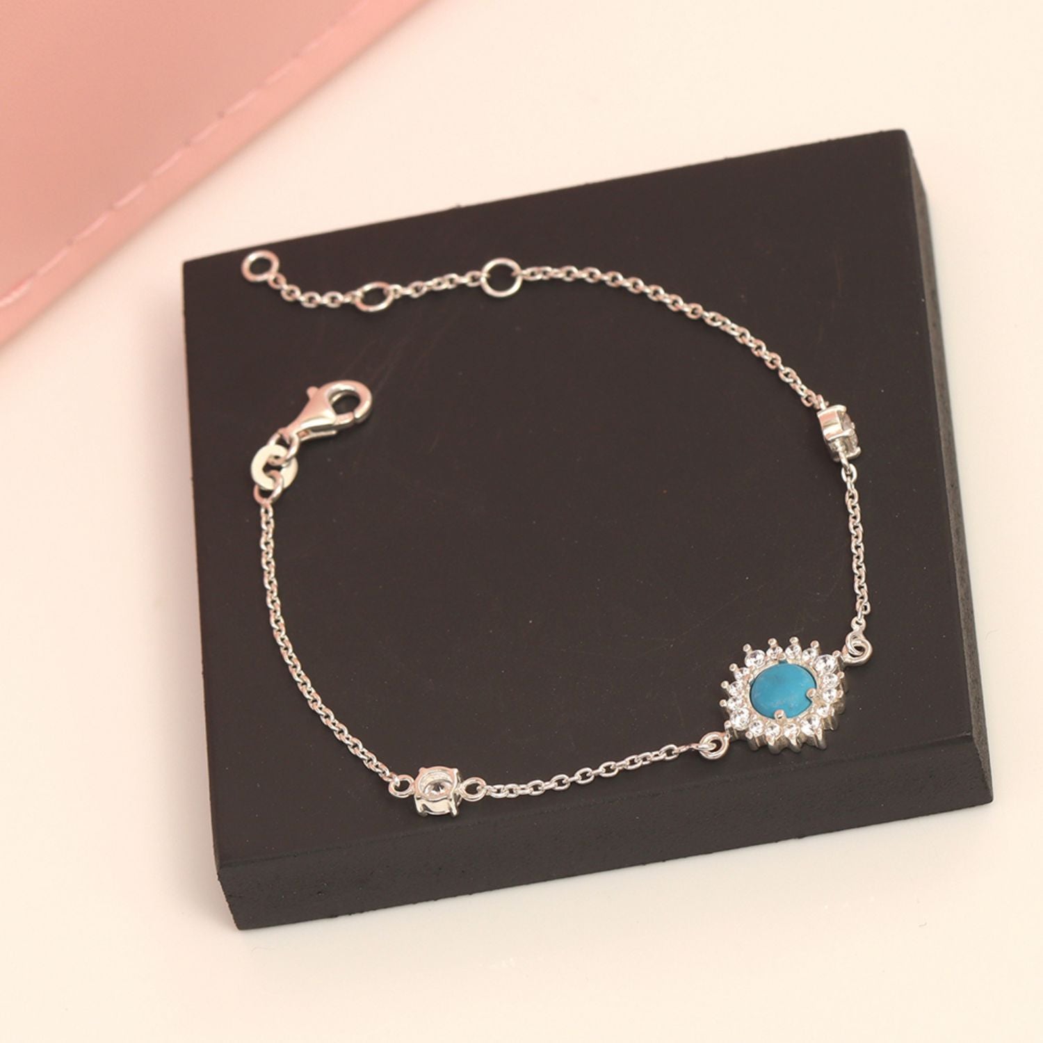 925 Sterling Silver Cubic Zirconia Birthstone Adjustable Turquoise Gemstone Station Cable Chain Bracelet for Women