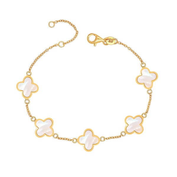 925 Sterling Silver 14K Gold Plated Mother of Pearl Clover Flower Station Chain Bracelet for Women Teen