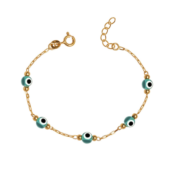 925 Sterling Silver 14K Gold Plated Protection Adjustable Bead Blue Evil Eye Station Bracelet for Women