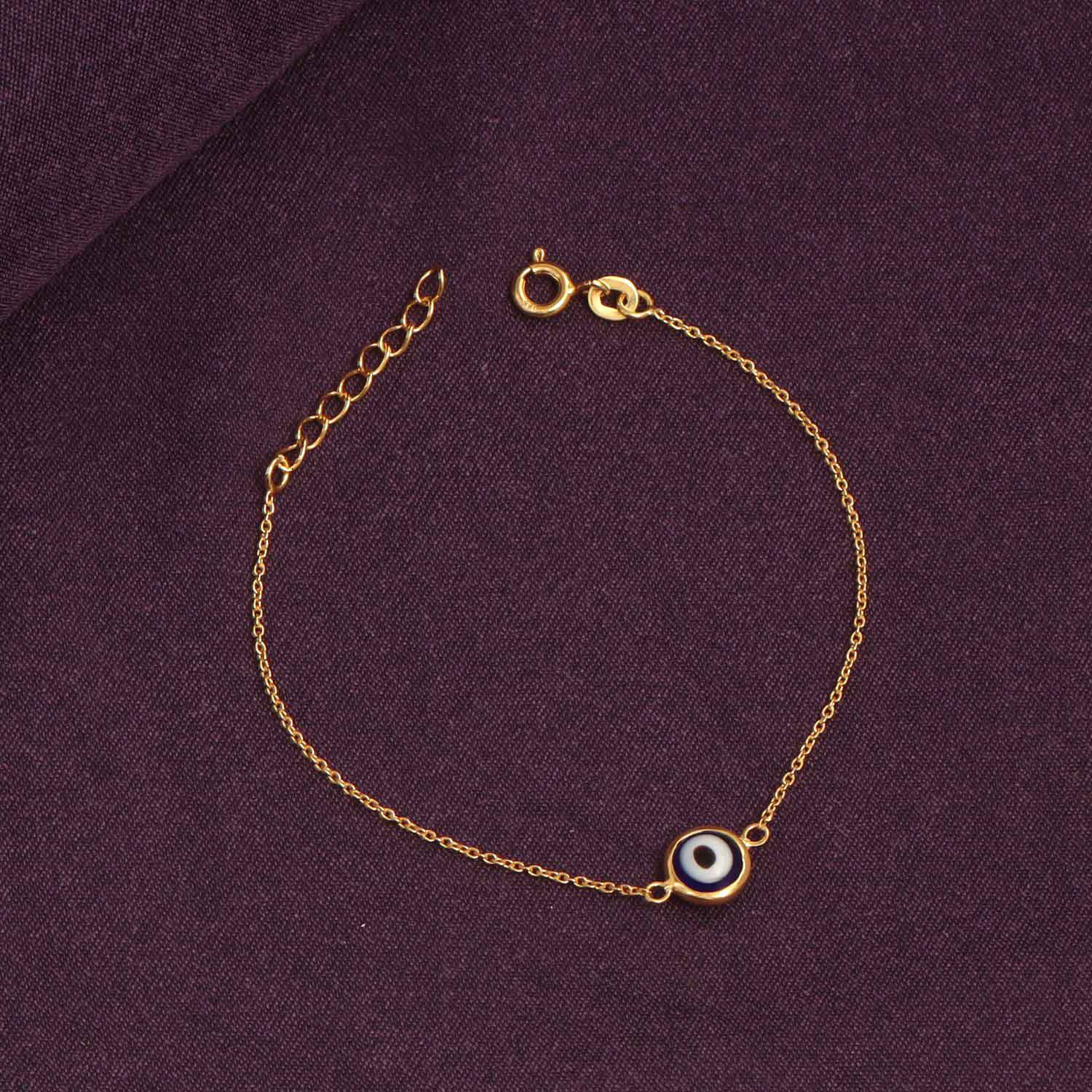 925 Sterling Silver 14K Gold Plated Protection Round Blue Evil Eye Bracelet for Women Teen