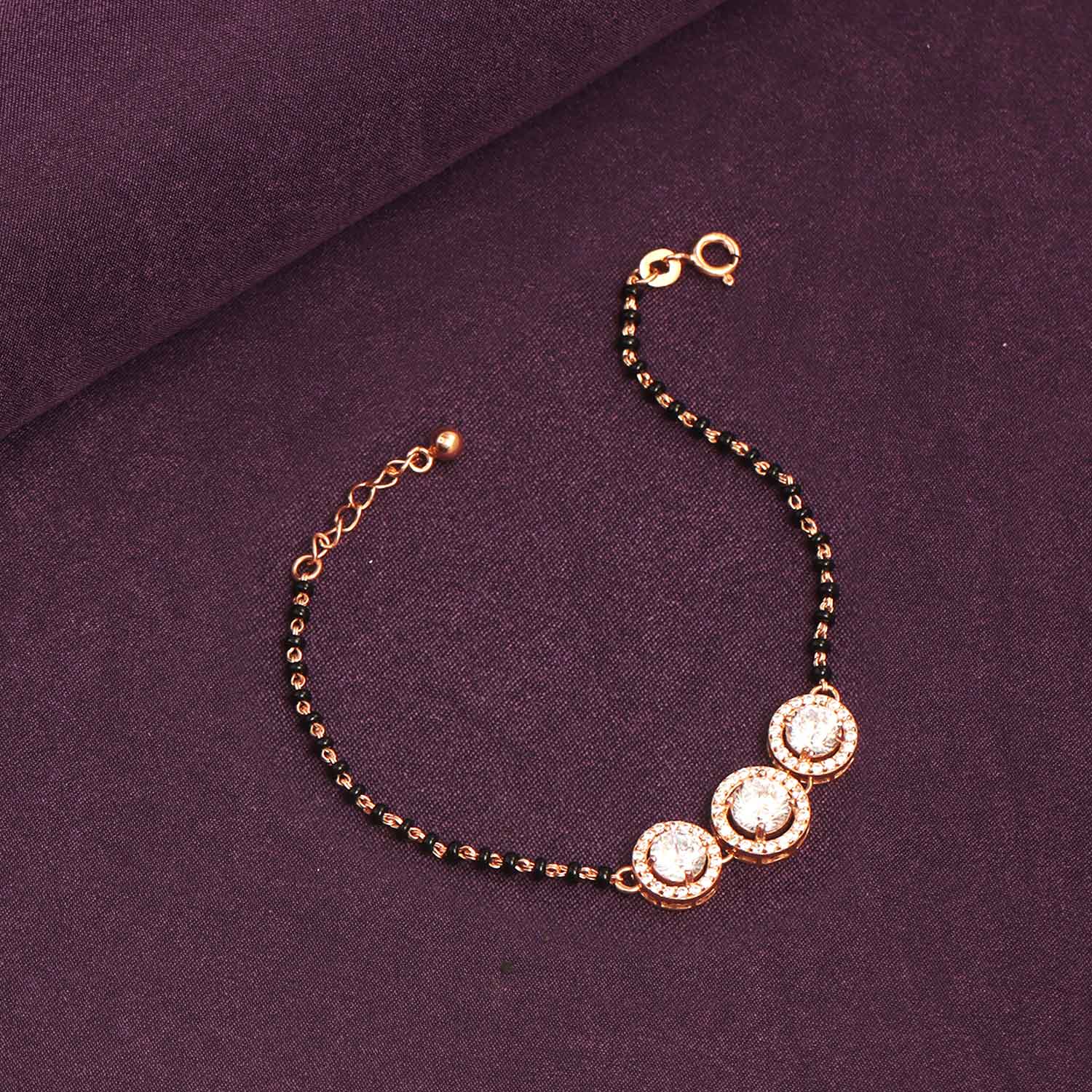 925 Sterling Silver 14K Rose Gold Plated Cubic Zirconia Solitaire Mangalsutra Crystalball Adjustable Hand Wrist Bracelet for Women
