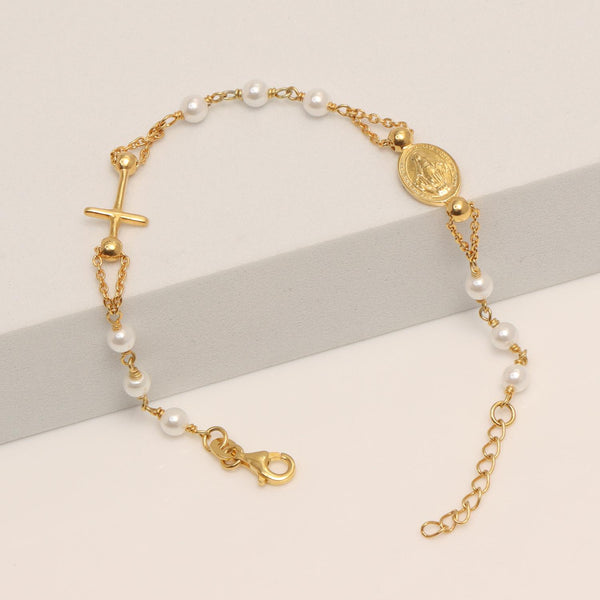 925 Sterling Silver 14K Gold-Plated Rosary Pearl Cross Charm Bead Bracelet for Women Teen