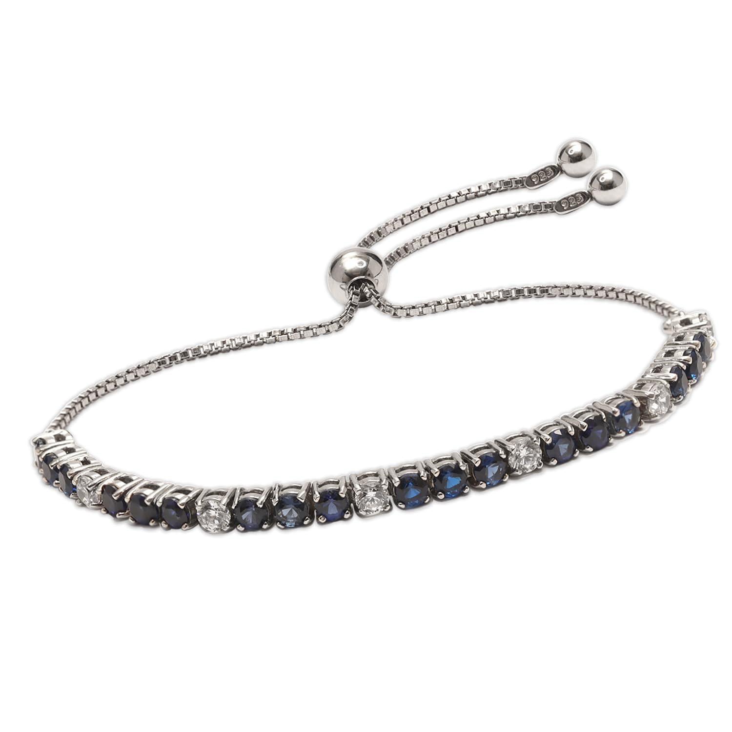 925 Sterling Silver Rhodium Plated Blue Sapphire and Cubic Zirconia Tennis Sliding Bolo Bracelet With Premium Mother's Day Gift Box for Women