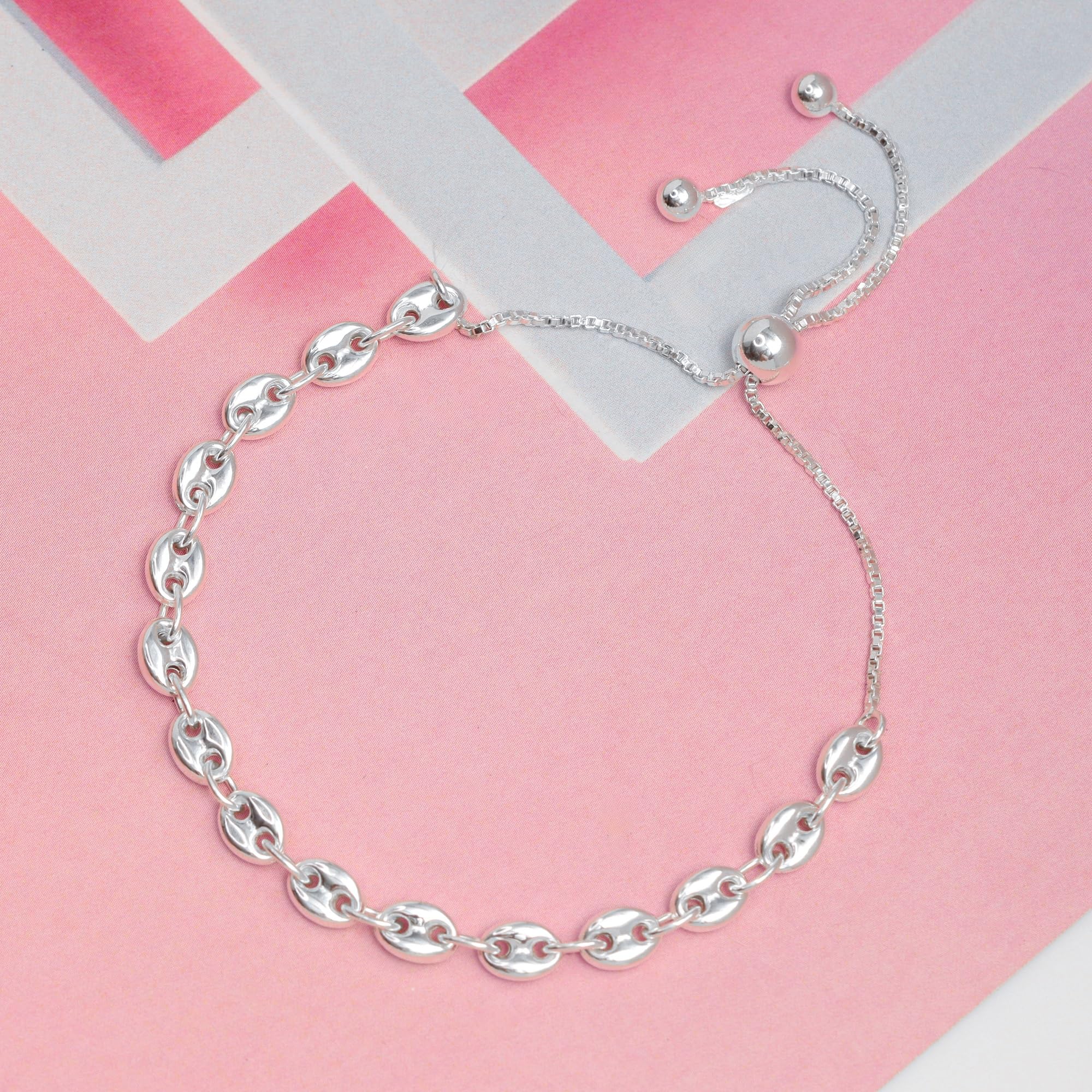 925 Sterling Silver Puffed Mariner Link Chain Adjustable Sliding Bolo Bracelet For Women