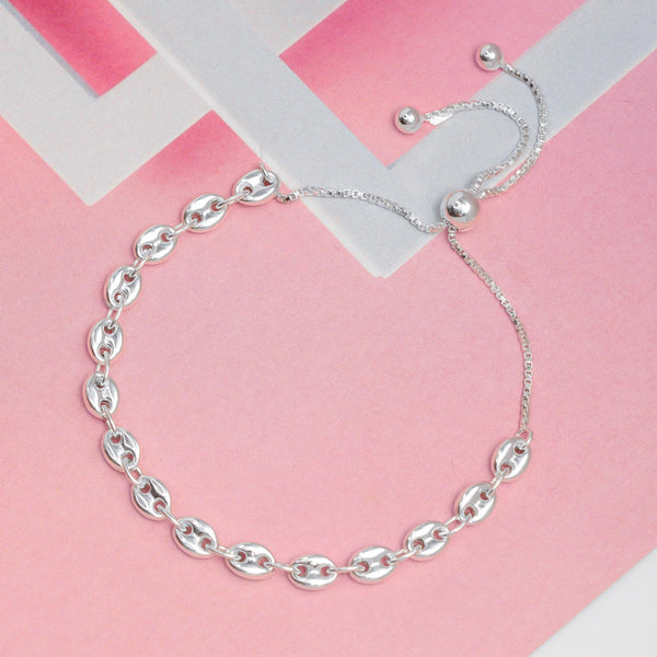 925 Sterling Silver Puffed Mariner Link Chain Adjustable Sliding Bolo Bracelet For Women