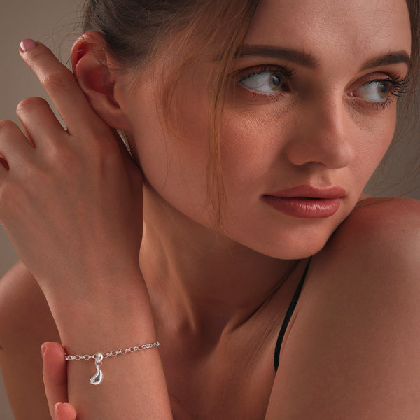 925 Sterling Silver Teardrop Charm Rolo Pear Shape Link Bracelet for Women