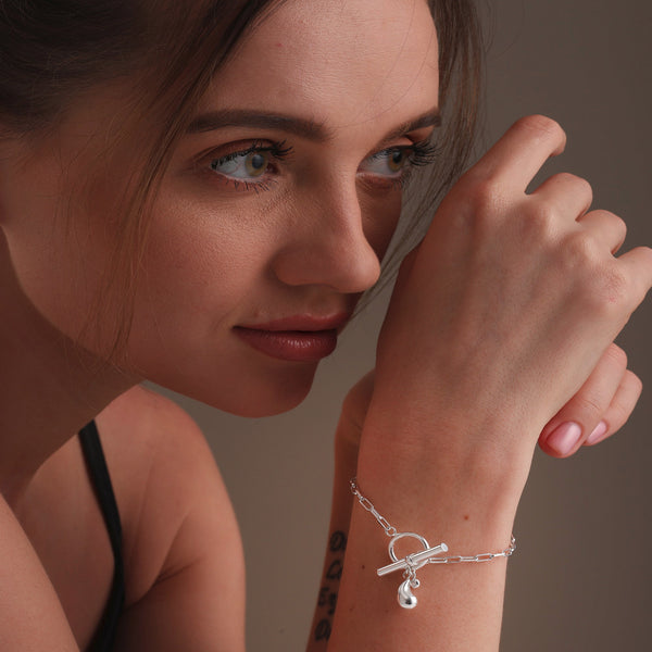 925 Sterling Silver Italian Paper Clip Link Chain Bracelet with Water Drop & Bezel-Set CZ Charm for Women