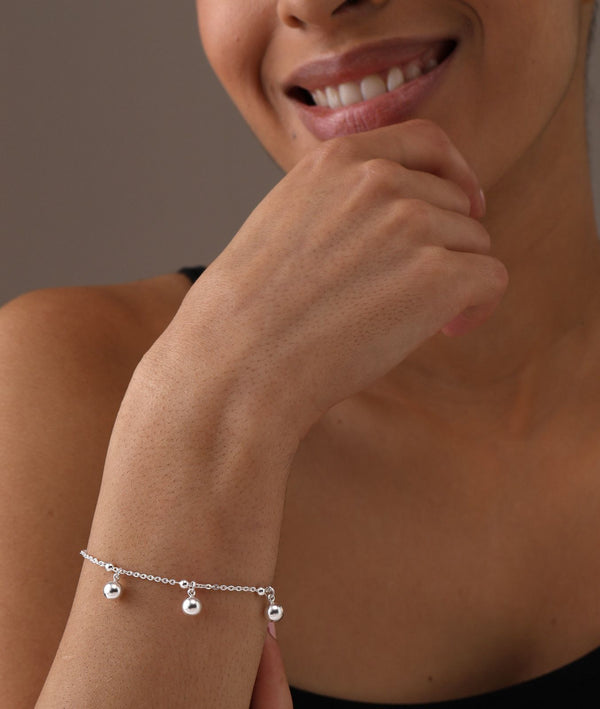 925 Sterling Silver Round Ball Beaded Dangle Charm Bracelet for Women