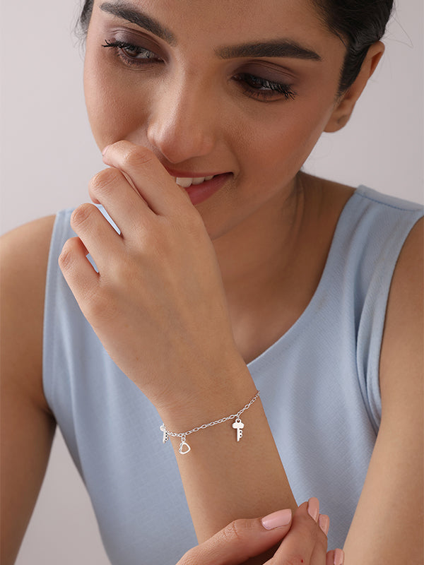 Silver Amora Heart & Key Charm Bracelet
