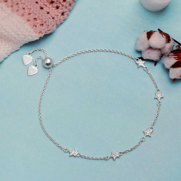925 Sterling Silver Cubic Zirconia Star Station Link Chain Sliding Bolo Bead Bracelet for Women
