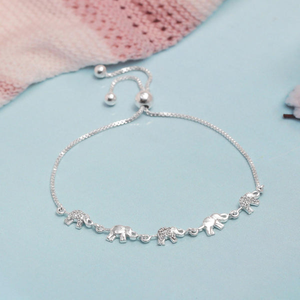 925 Sterling Silver CZ Adjustable Sliding Bolo Linked Elephant Bracelet for Women