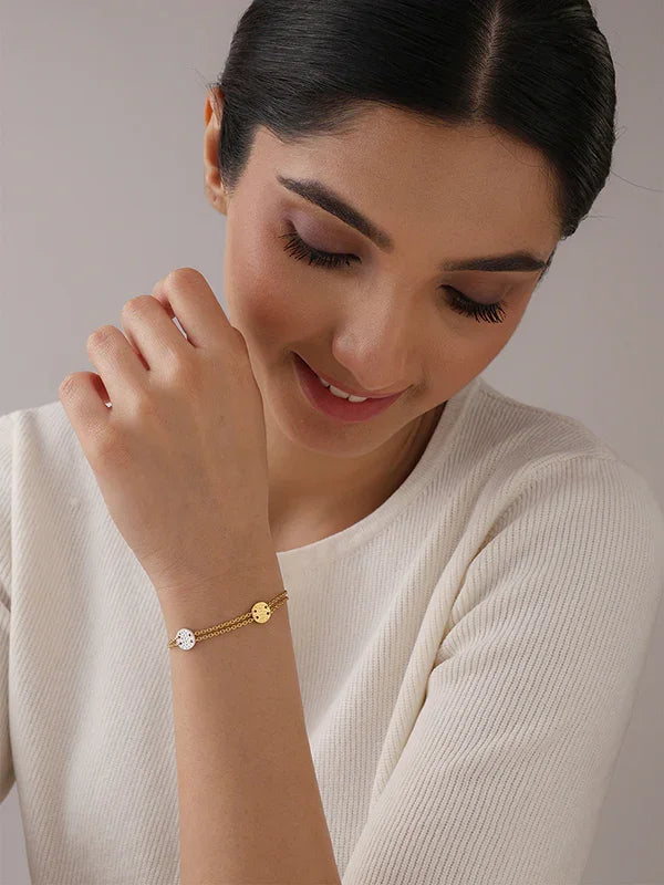 Women wearing Iria Hammered Texture Dual Tone Station Bracelet for Women